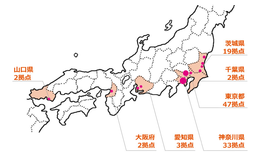 �S��108���_�̂����A��錧��19���_�A��t�����Q���_�A�����s��47���_�A�_�ސ쌧��33���_�A���m�����R���_�A���{���Q���_�A�R�������Q���_�ɂȂ�܂��B